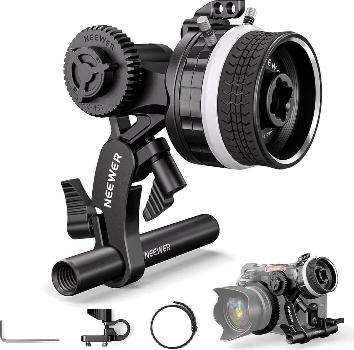 Mini Follow Focus met A/B-stops, Lenswiel, 15 mm Staaf en Staafklem voor Filmcamera, DSLR/Spiegelloze Camera, Compatibel met Lensdiameter tot 114 mm - X01NSK646