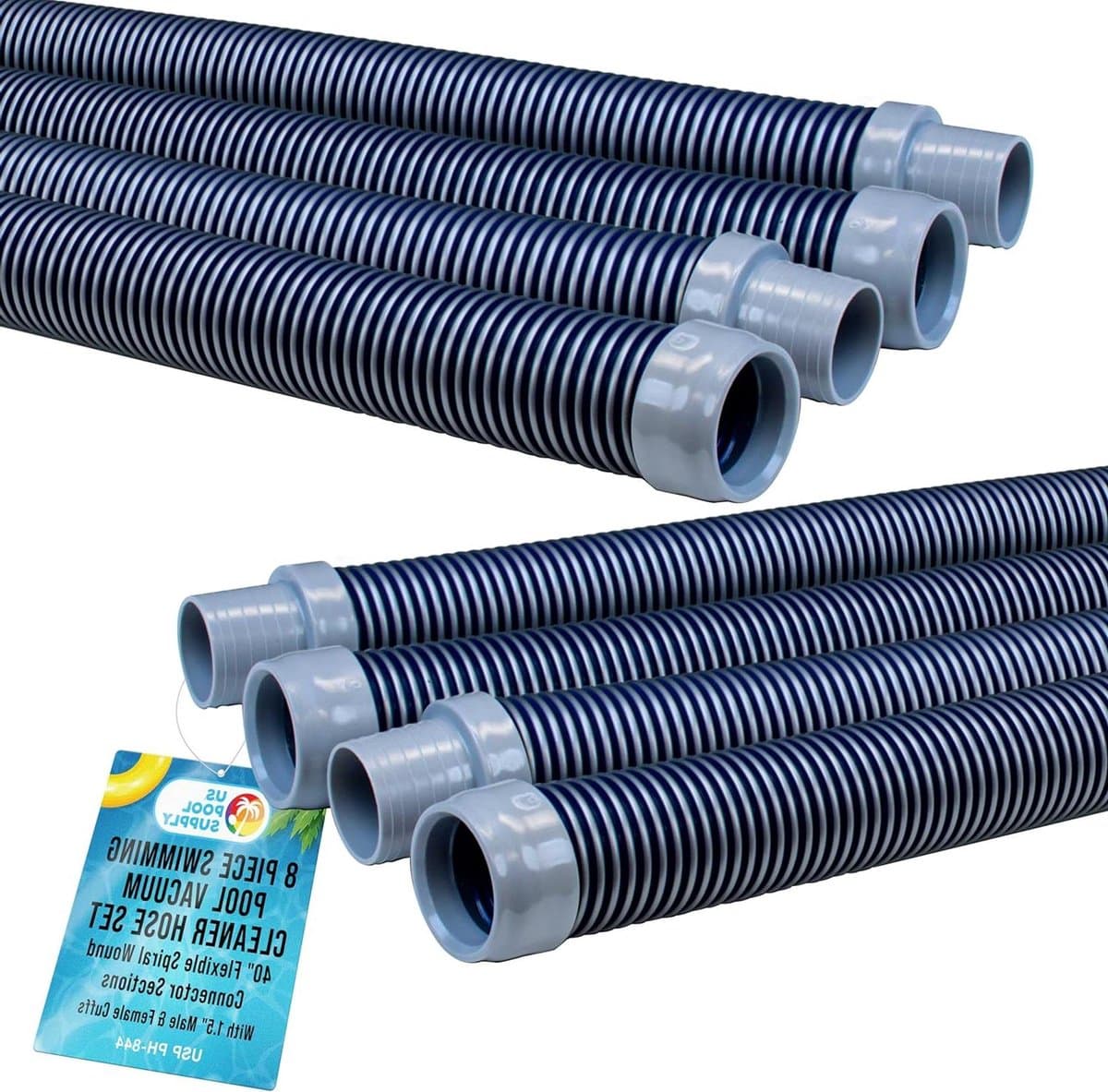Zwembadstofzuigerslangset - Reinigingsslang Zwembad - Zwembad Onderhoud - Flexibele Spiraalgewonden Constructie - 8x 1 Meter - Blauw en Grijs