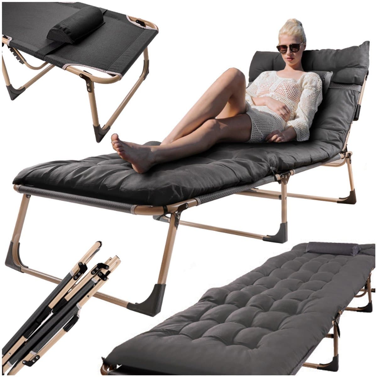 MOZY® - Ligbed - Opvouwbaar - 193 cm - Antraciet - Inclusief Kussen - 4 Standen - tot 120 kg - met Nekkussen - Ligstoel Tuin - Veldbed - Zonnebed
