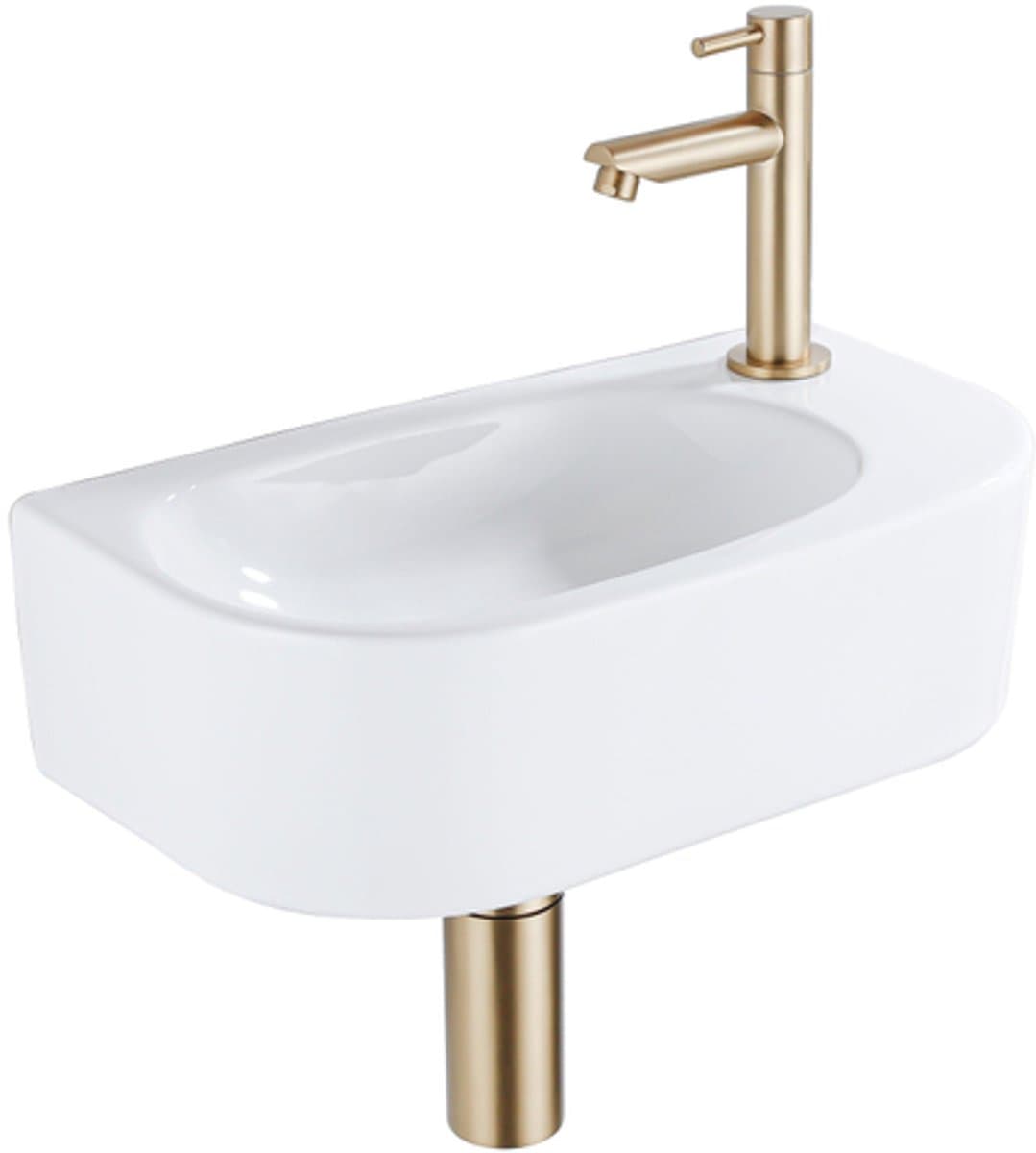 QeramiQ Fuente Fonteinset - 40x21.5x12cm - rechts - glad - halfrond - 1 kraangat - keramiek - fonteinkraan geborsteld messing - afvoerplug - verlaagd sifon - wit glans