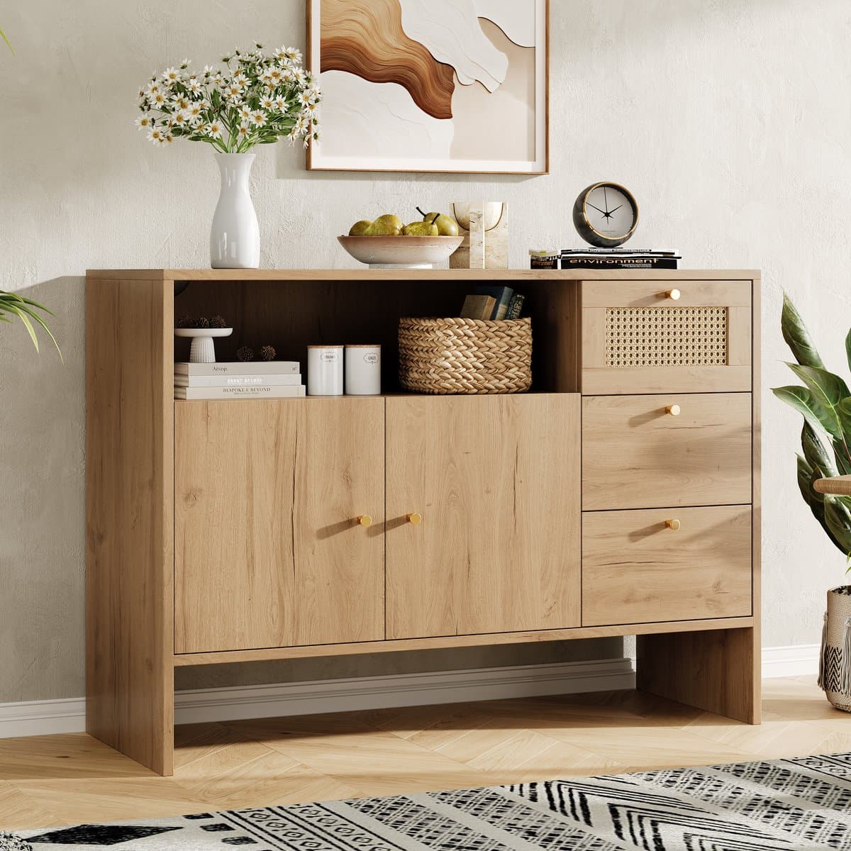 HAUSS SPOLE Dressoir - Met Rattan Fronten En 2 Deuren 3 Lades - Voor Keuken En Woonkamer - Spaanplaat - 105x40x76 Cm