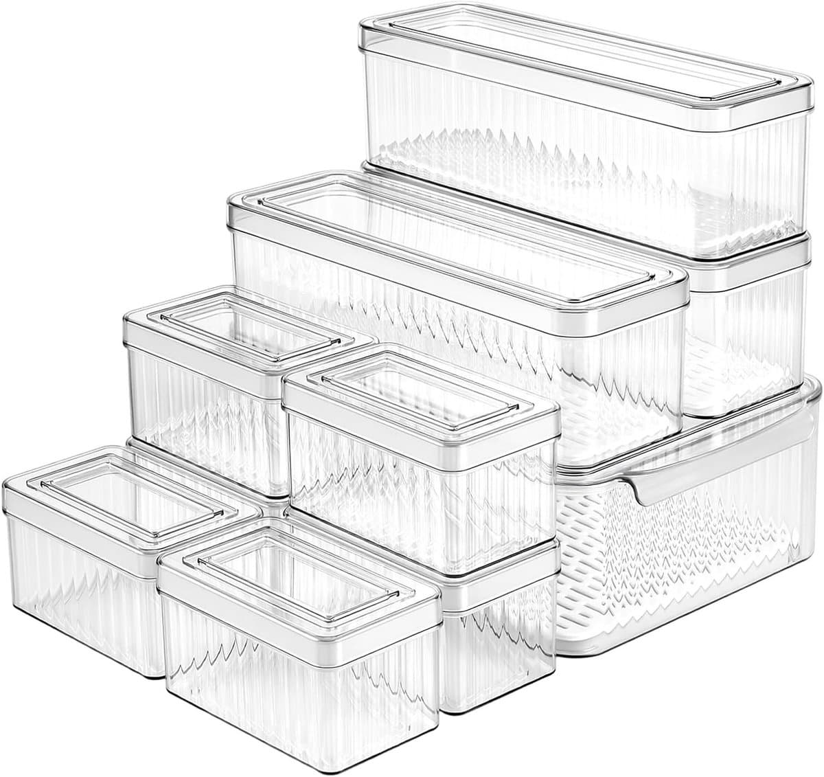 Set van 10 Opbergdozen voor Koelkast, Stapelbare Organizers met Deksel, Transparante Dozen voor Voedsel, Fruit en Groenten in 3 Maten