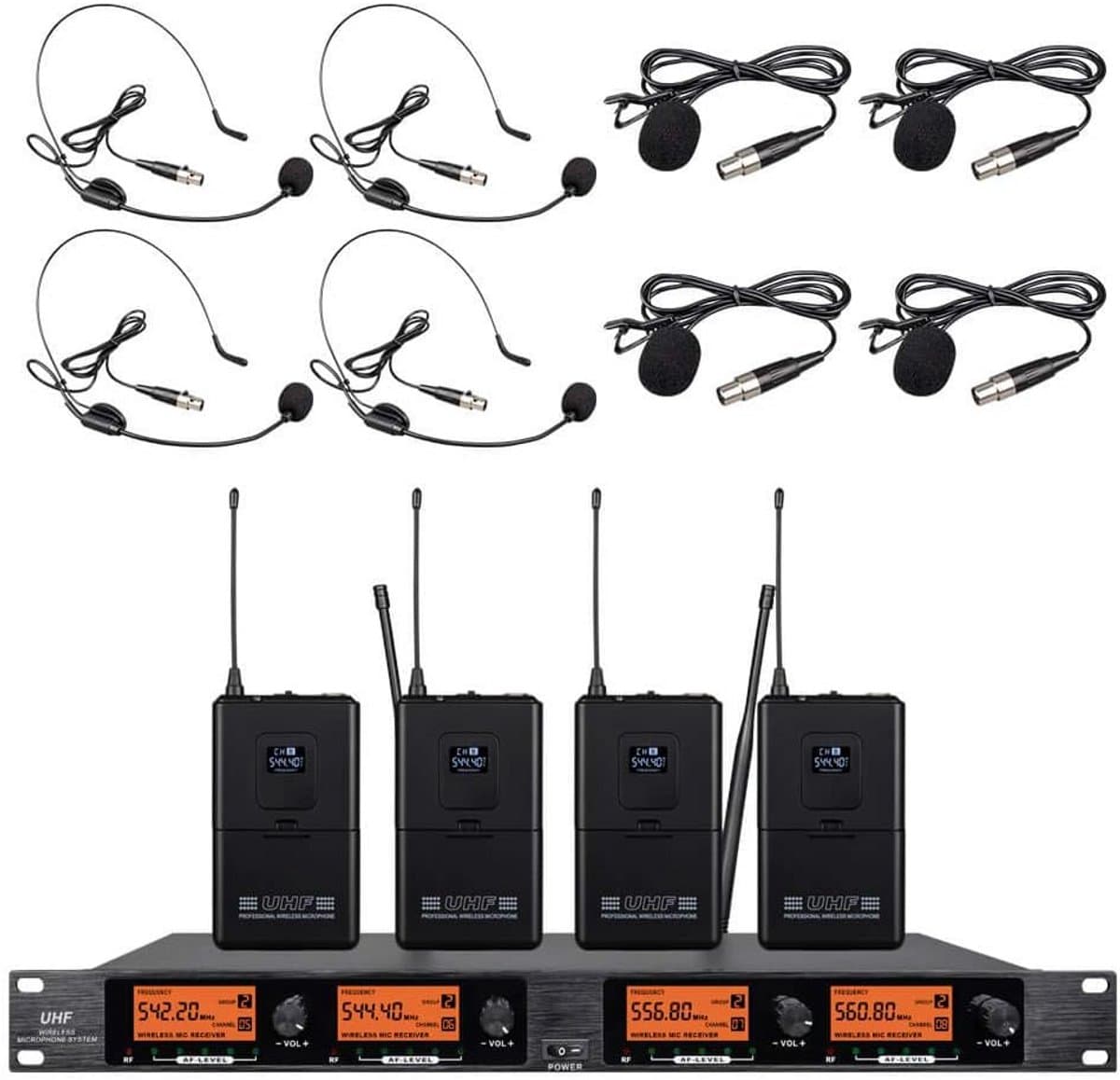Professioneel Draadloos Microfoonsysteem met 4 Kanalen en Lavalier/Headset Microfoons