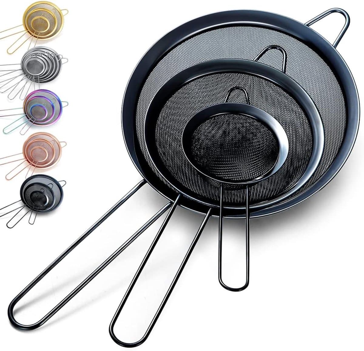 Allecto Plus - Zwart Zeef Met Fijne Mesh 3 Delige Set - Bloem Zeef voor Bakken - Roestvrij staal Clander - Matcha Thee Zeef - Gravy Separator - Stasher Zeef - Pasta Zeef