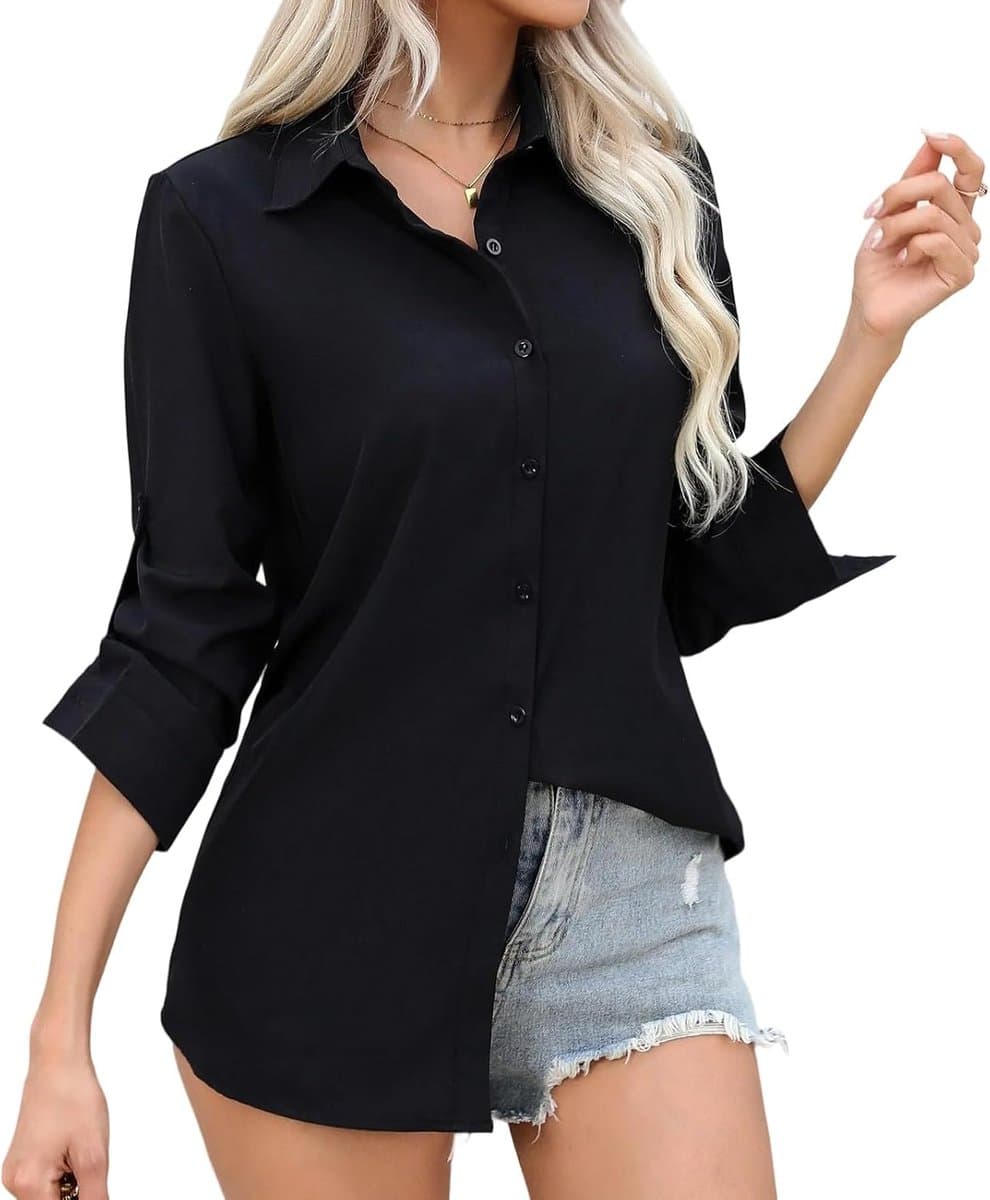 Damesshirt met lange mouwen, normale pasvorm, zwarte blouse-shirts met knoopsluiting voor dames, zakelijke kantoorkleding, casual