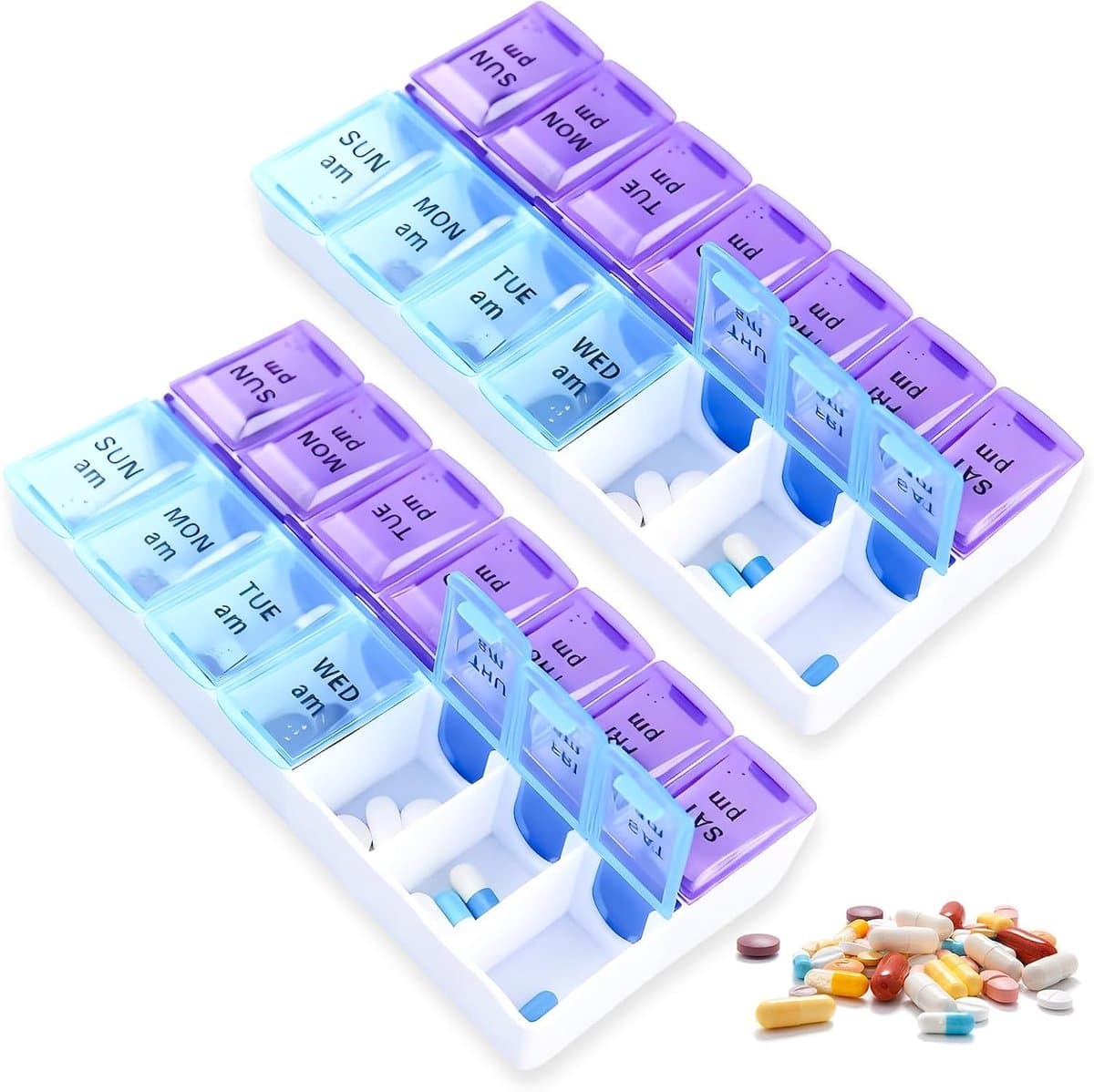 2 stuks medicijnbox x groot, pillendoos 7 dagen 2 vakken met onafhankelijke vakken, tablettenbox 7 dagen 's ochtends 's avonds - blauw en paars voor tabletten, visolie, vitamine