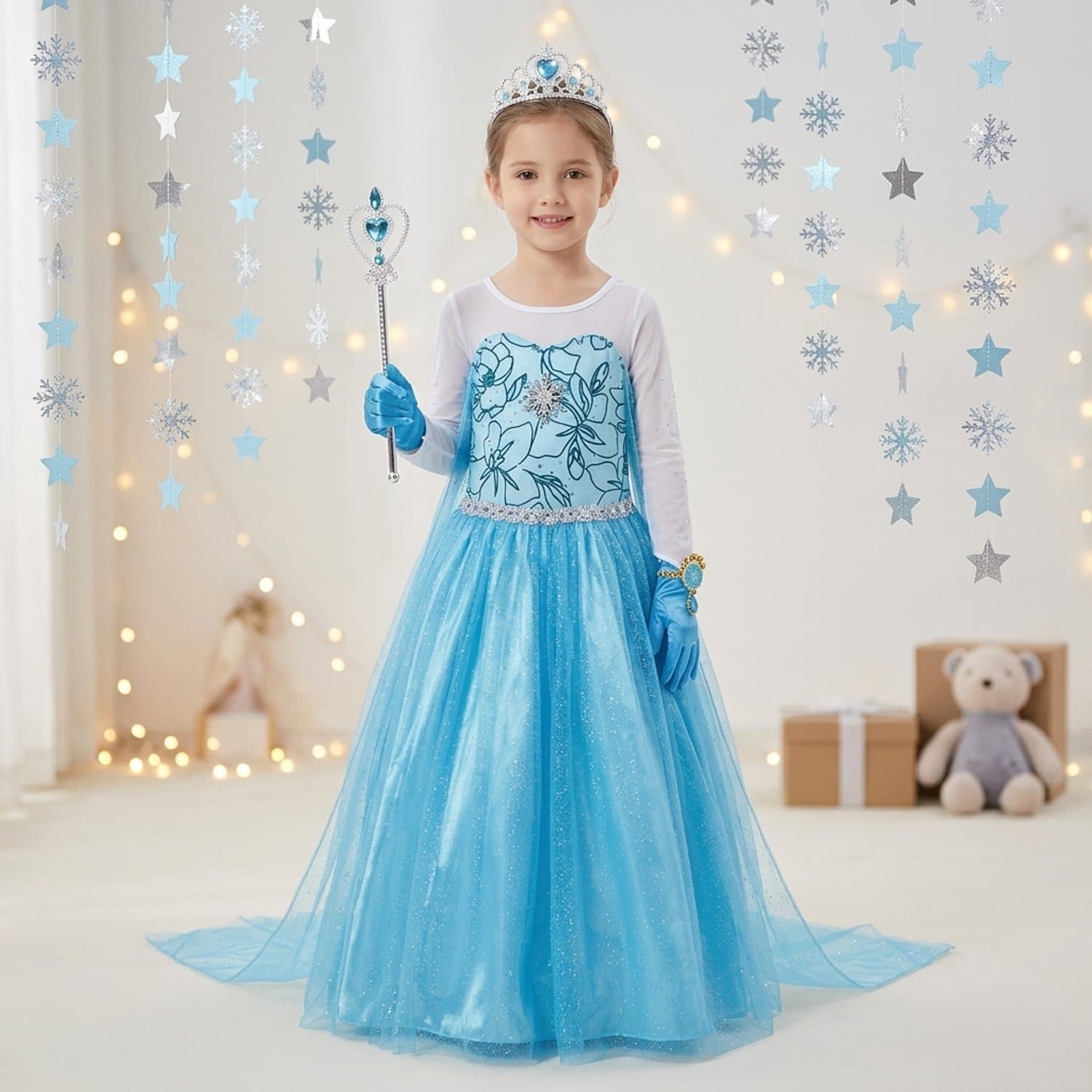 Jurk en set voor Meisjes - Prinsessenjurk - Verkleedkleding Prinses - Kinderkostuum - 6-7 jaar - 116-122 - Blauw