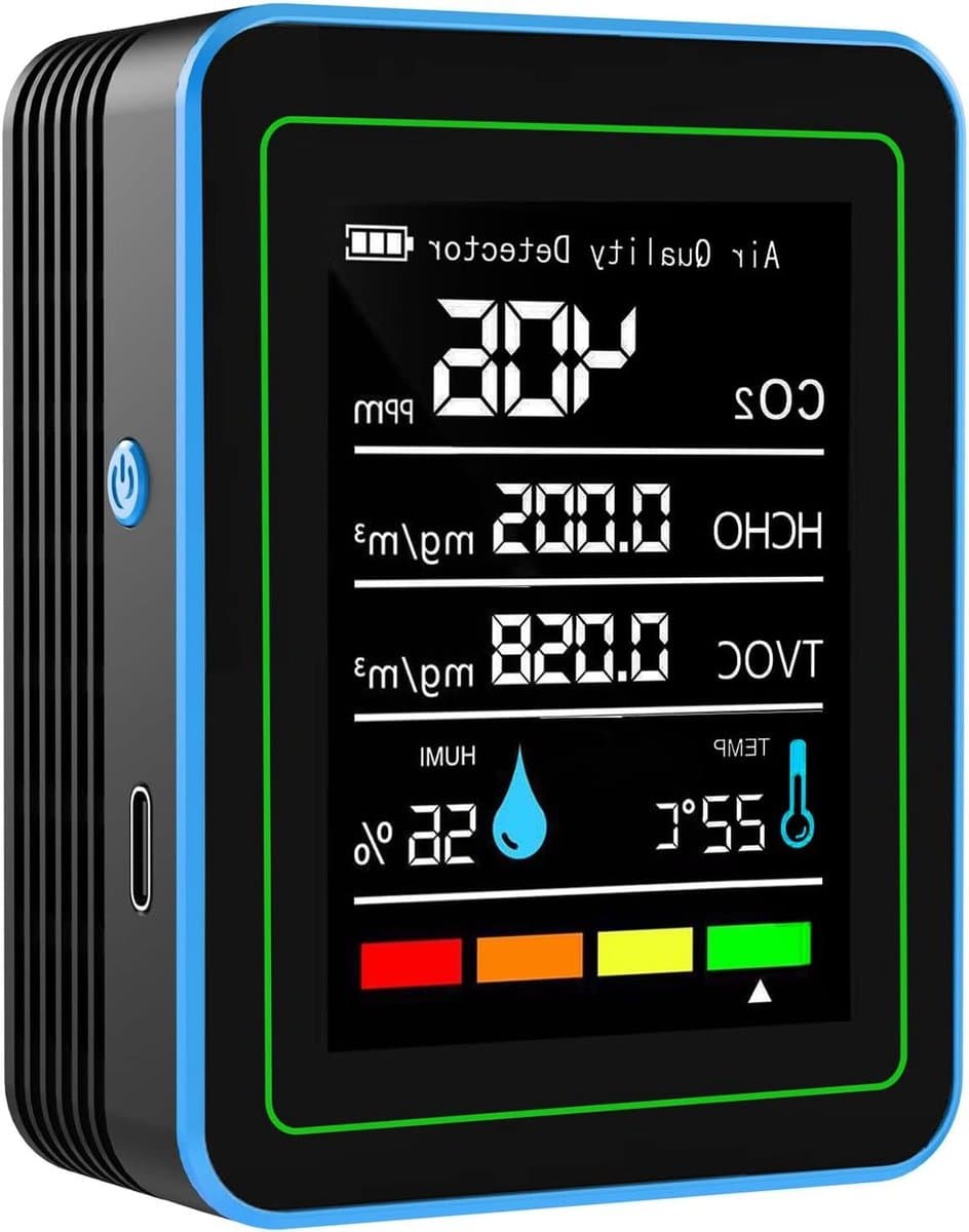 Luchtkwaliteit Monitor - Tester CO2 - Binnenhuis Meten - 5-in-1 Sensor - 2000mAh Batterij - Zwart Blauw