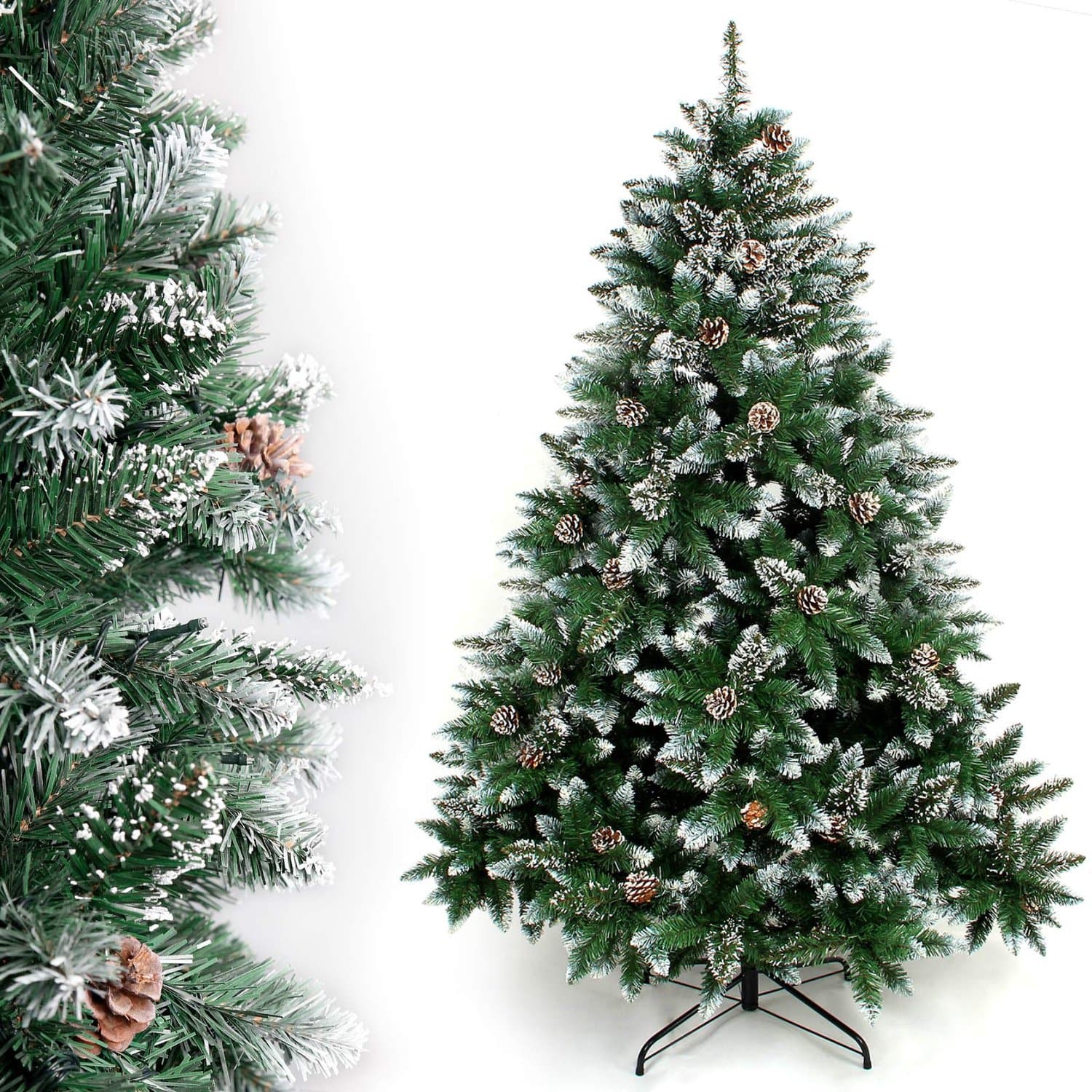 Kunstkerstboom 180 cm – 930 Takpunten – Besneeuwde Kerstboom met Echte Dennenappels – Vlamvertragend PVC – Metalen Voet