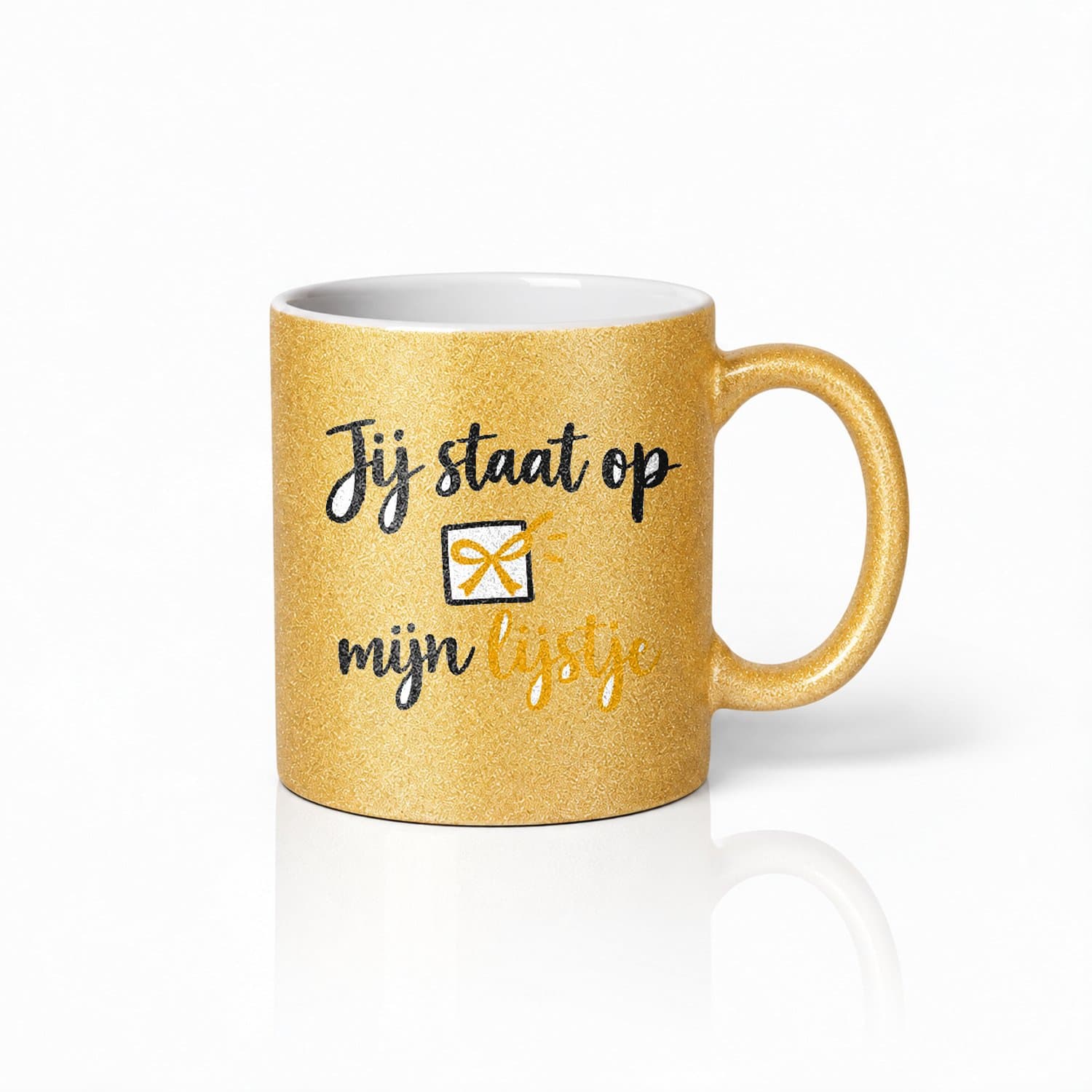 Sierlijke Cadeaumodus Mok "Jij staat op mijn lijstje" – Elegante Tekstmok met Script en Stipjes voor Originele Cadeaus