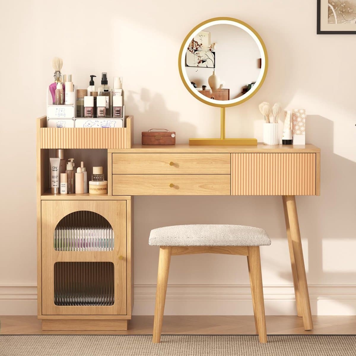 Elegante Houten Make-uptafel met LED-Spiegel en Uittrekbaar Design, 120×40×90 cm – Novihome