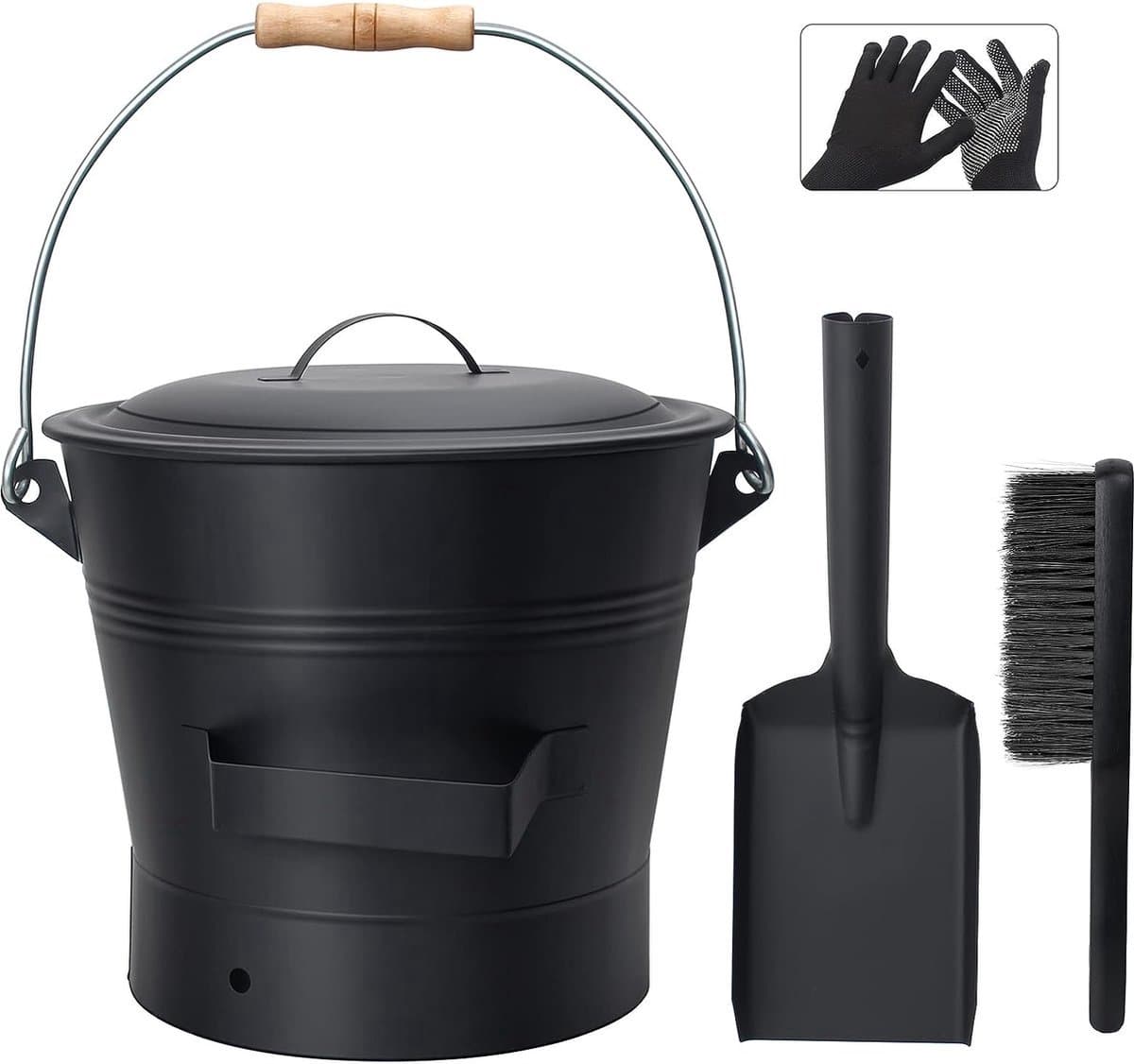 Stunq® Emmer A Asemmer met deksel, BBQ ronde kolenemmer voor open haarden, 10 liter emmer met schep en handbezem, gereedschapsset accessoires voor open haard, haard, houtkachel