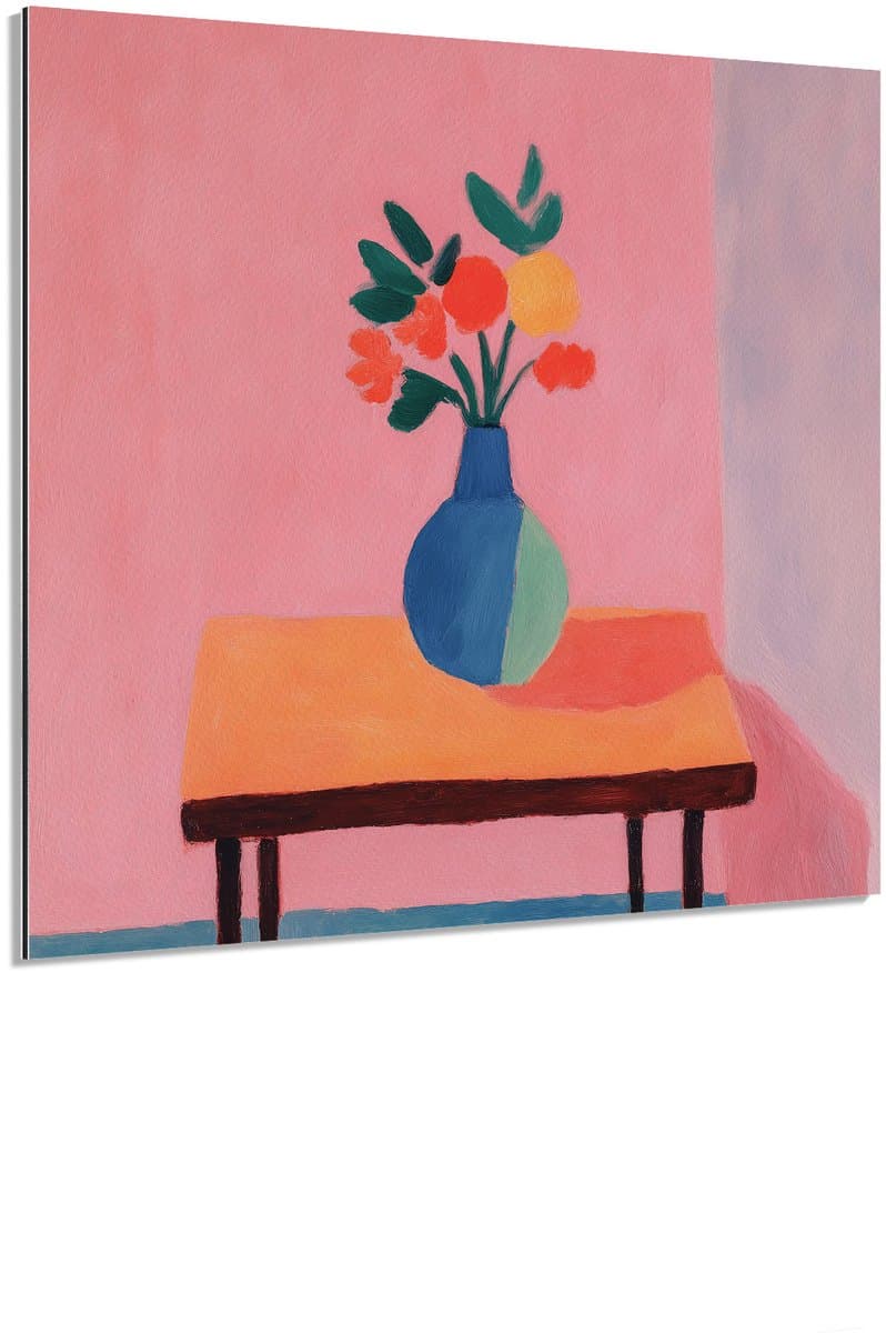 Bloemenvaas op tafel roze - Schilderij 70x70 cm - Wanddecoratie op Aluminium Dibond - Aluminium Wandpaneel