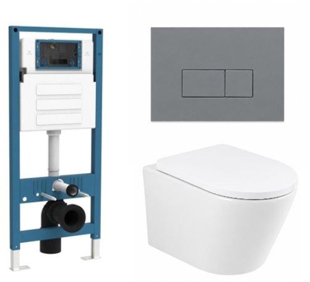 QeramiQ Dely Toiletset - inbouwreservoir Qeramiq Flush - 35mm zitting - kunststof licht grijze bedieningsplaat - rechthoekige knoppen - glans wit