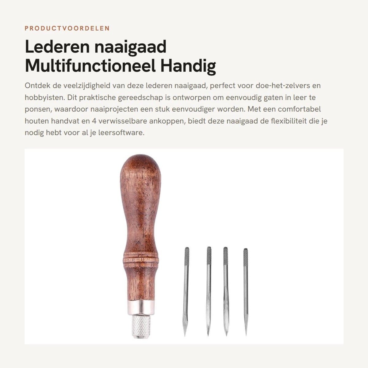 Dailygoods- Naaigaren 4-in-1 multifunctioneel - Lederen Naaigaren - Houten Handvat - Gaten Ponsen - Flexibel en Handig - Totale Lengte 15,5 cm - Leerpunt