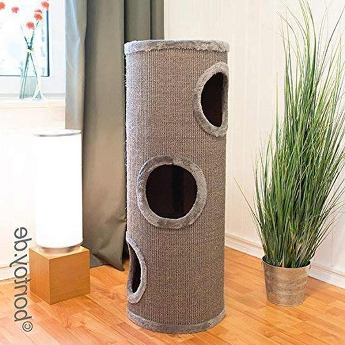 Krabton voor katten - Kattenpaleis - Krabben en spelen - Drie ruime holtes - 37 x 100 cm - Grijs