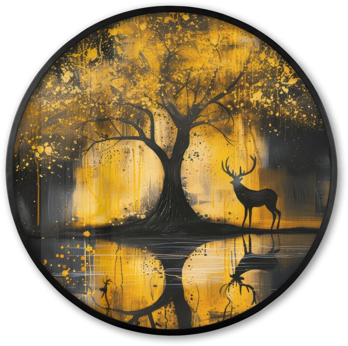 Poster in lijst Rond - Fotolijst 60x60 cm - Posters - Boom - Verflook - Hert - Natuur - Goud - Ronde posterlijst zwart - Decoratie - Wanddecoratie woonkamer - Muurdecoratie slaapkamer