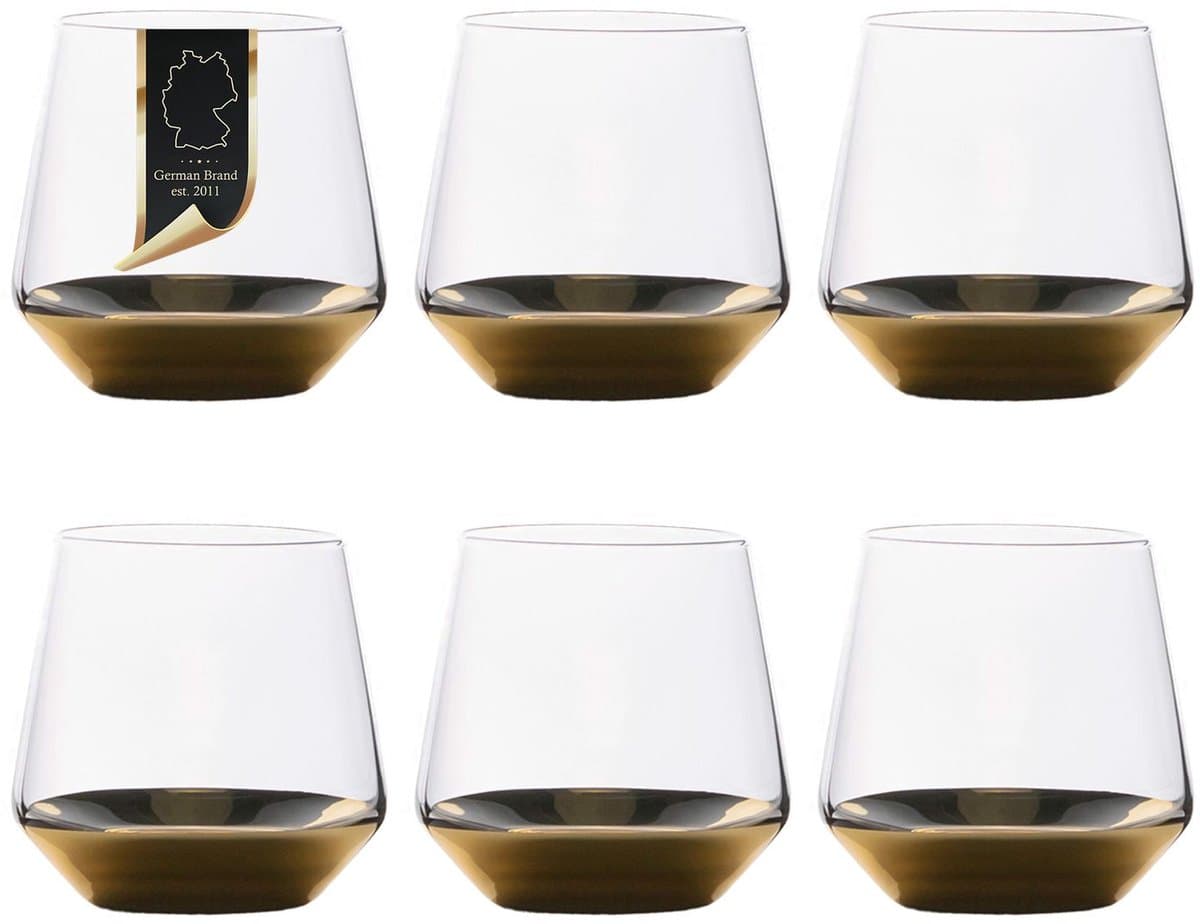 Intirilife 6x Drinkglas met goudkleurige basis - 350 ml inhoud - watersapglas kristalglas tumbler schokbestendig