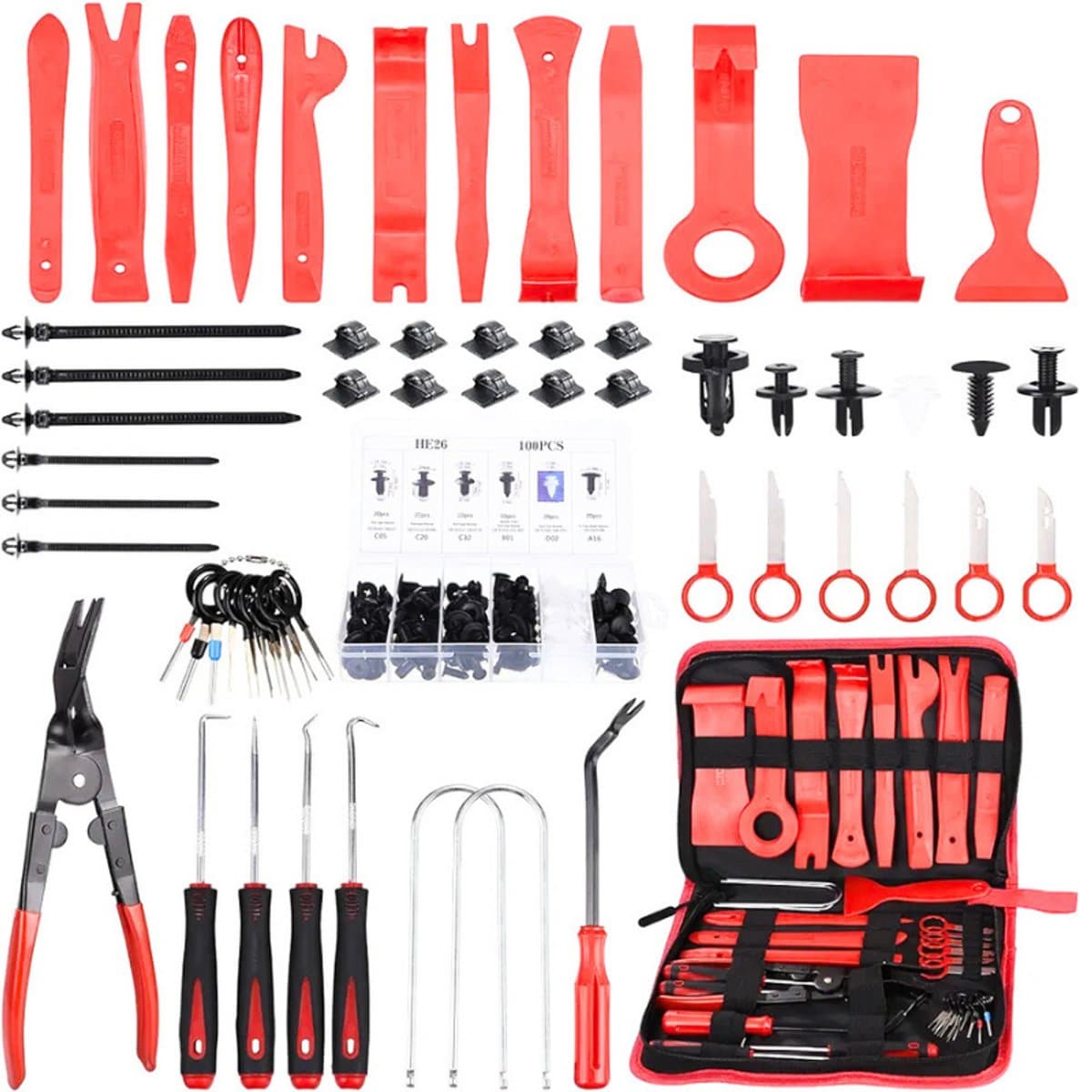 Auto Verwijder Tool, 158-Delig – Trim Wedge Set Met Auto Bevestiging Clips En Nylon Automotive Hendel Gereedschap – Ideaal Voor Auto Deur Trim En Panelen (Rood)