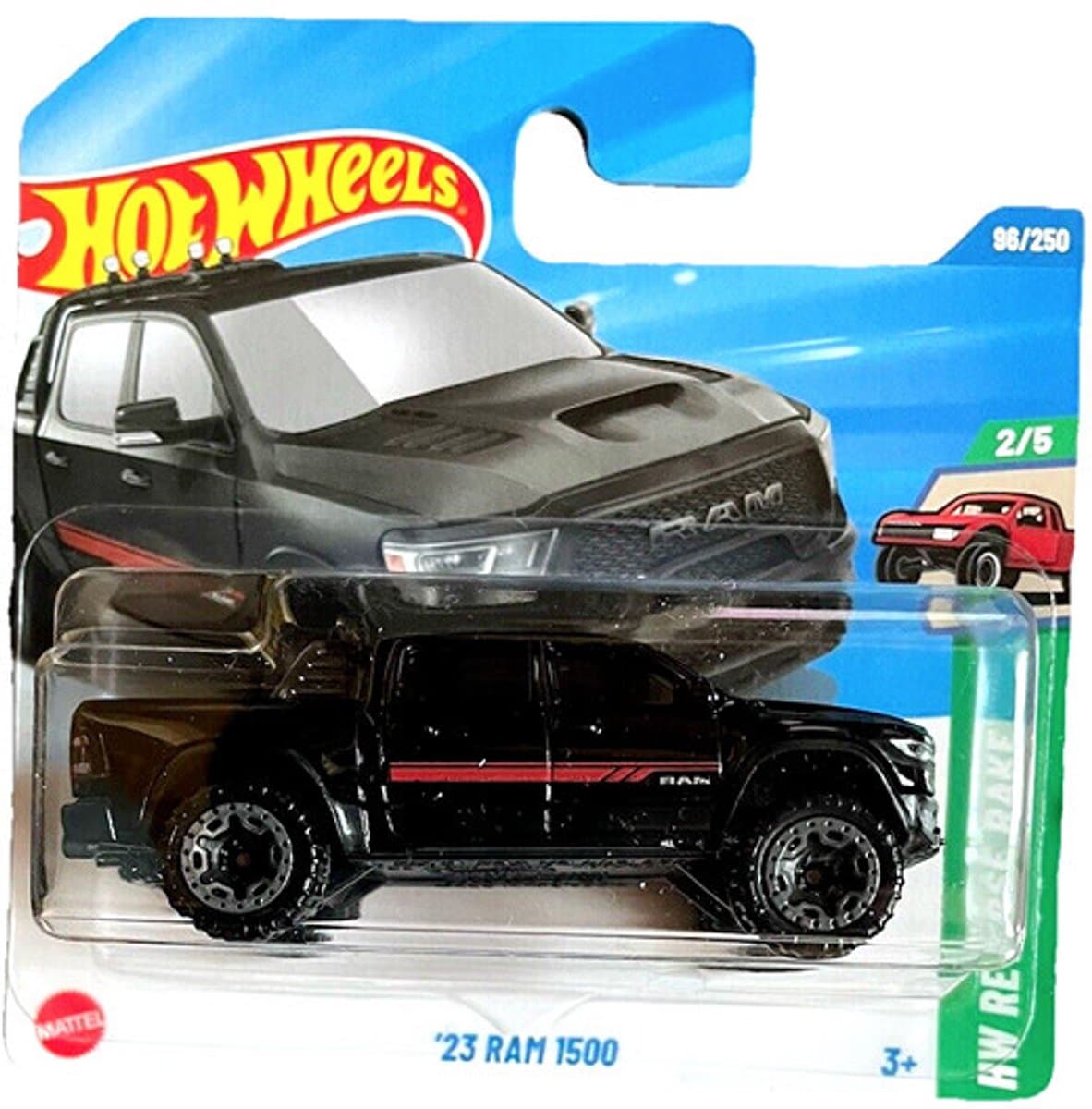 HOT WHEELS '23 RAM 1500 PICKUP BLACK 96/250 HW REVERSE RAKE 2/5 SHORT CARD