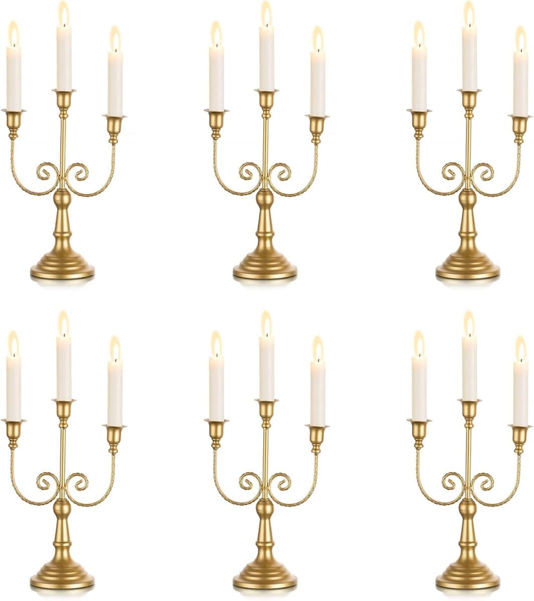 Set Van 6 Gouden Kaarsenhouders Met 3 Armen – 29.5 Cm Hoge Klassieke Kaarsenstandaarden Voor Taperkaarsen – Perfect Voor Bruiloften - Feesten - Banketten En Kerstdecoratie