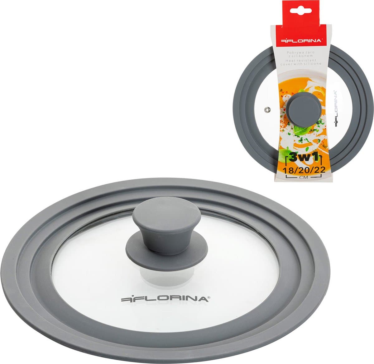 Florina universele glazen deksel met siliconen rand voor pannen van 18 cm 20 cm en 22 cm grijs - universeel - pannendeskel
