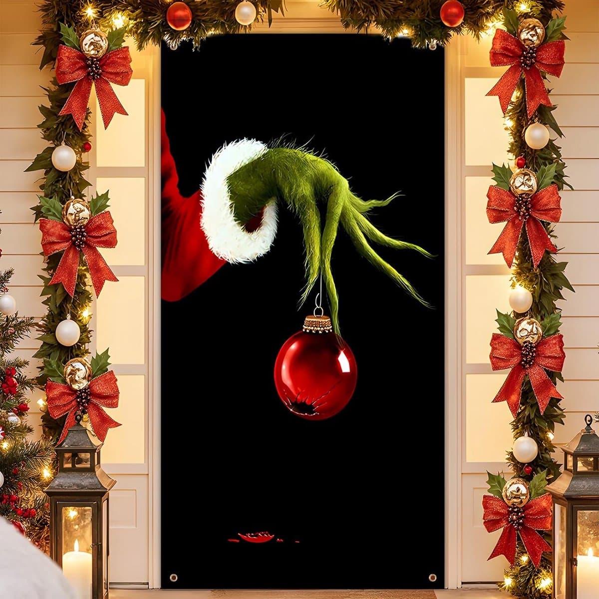 Grote Kerstdeur Banner Decoratie Merry Grinchmas - Buiten en Voordeur Versiering 90x180 cm Zwart