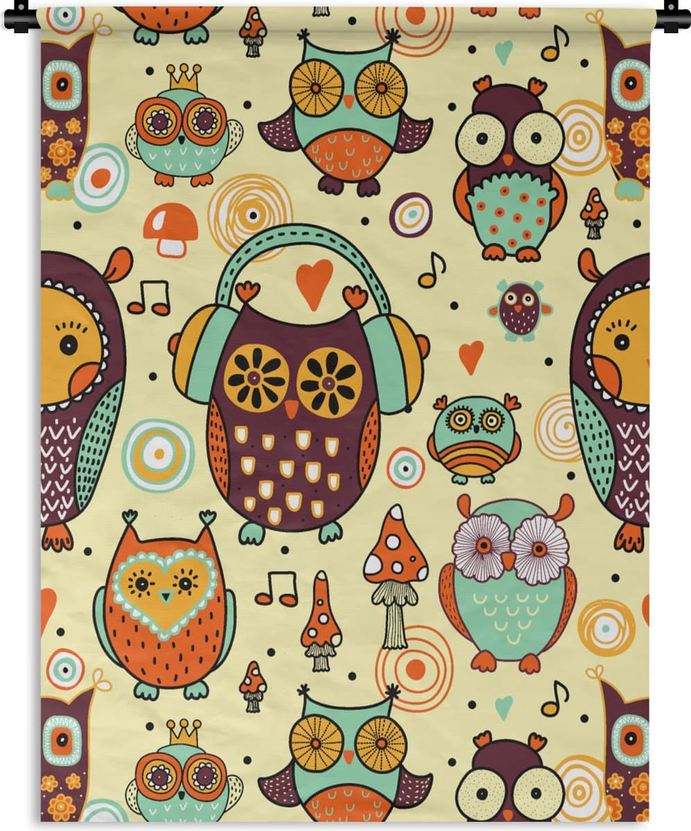 Wandkleed - Wanddoek - Uil - Koptelefoon - Patroon - 60x80 cm - Wandtapijt