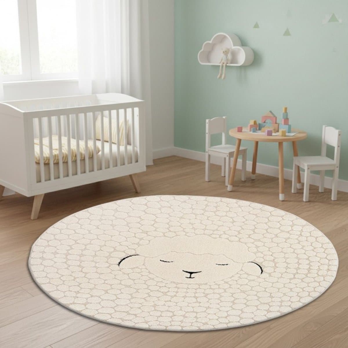 TapisTrend Kinderkleed Crème 160 cm rond Rond, crèmekleurig met een motief van slapende schapen en lusvormige wol, geschikt voor een babykamer