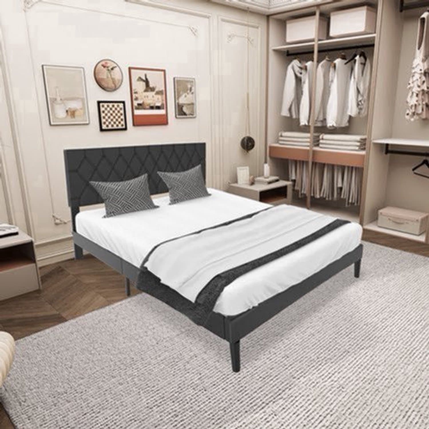 Bedframe – Gestoffeerd Bed – Tweepersoonsbed – Lattenbodem – Slaapbank – Kunstleer Hoofdbord – 160x200 cm – Draagkracht 300 kg