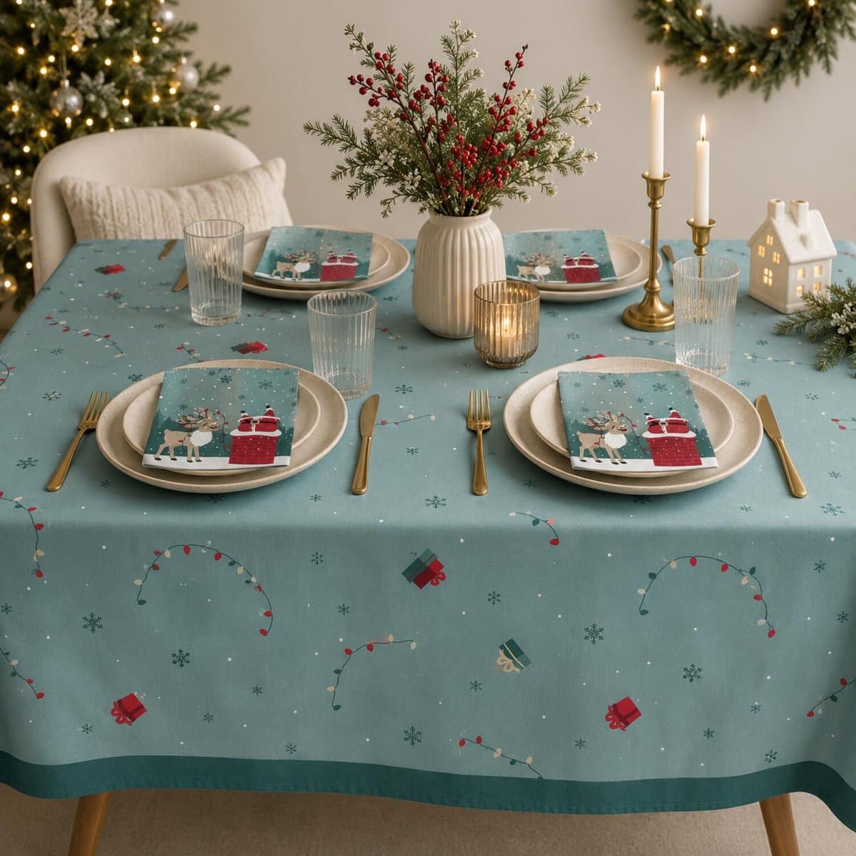 Duni Kerst tafelkleed - 2x - 138 x 220 cm - papier - blauw - kerstprint - rechthoekig
