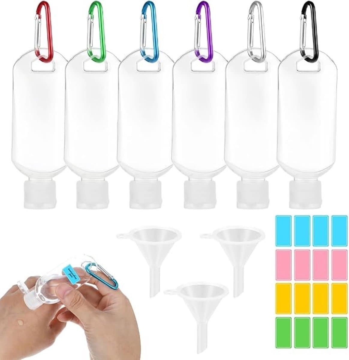 PolkaHome 6 stuks reisflesjes 50 ml met clips, trechters en etiketten – TSA-goedgekeurd, lekvrij en navulbaar