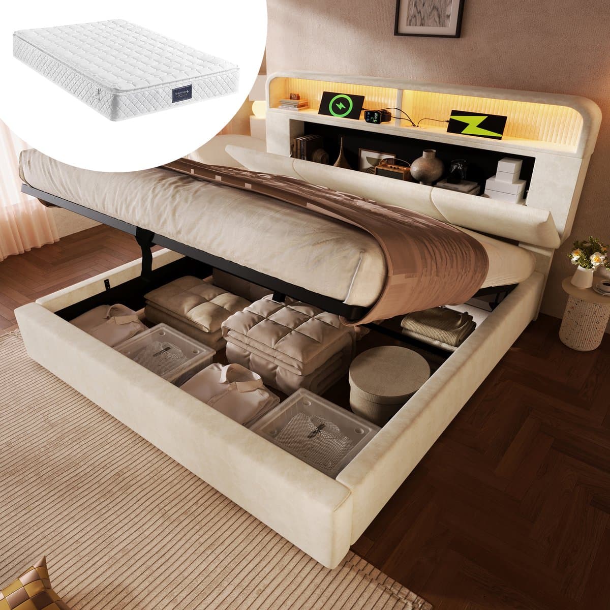 HAUSS SPOLE Gestoffeerd bed 160x200cm – Tweepersoonsbed met verstelbaar hoofdeinde – Hydraulische opbergruimte & LED met USB/Type-C – Fluweel – Beige – Met matras