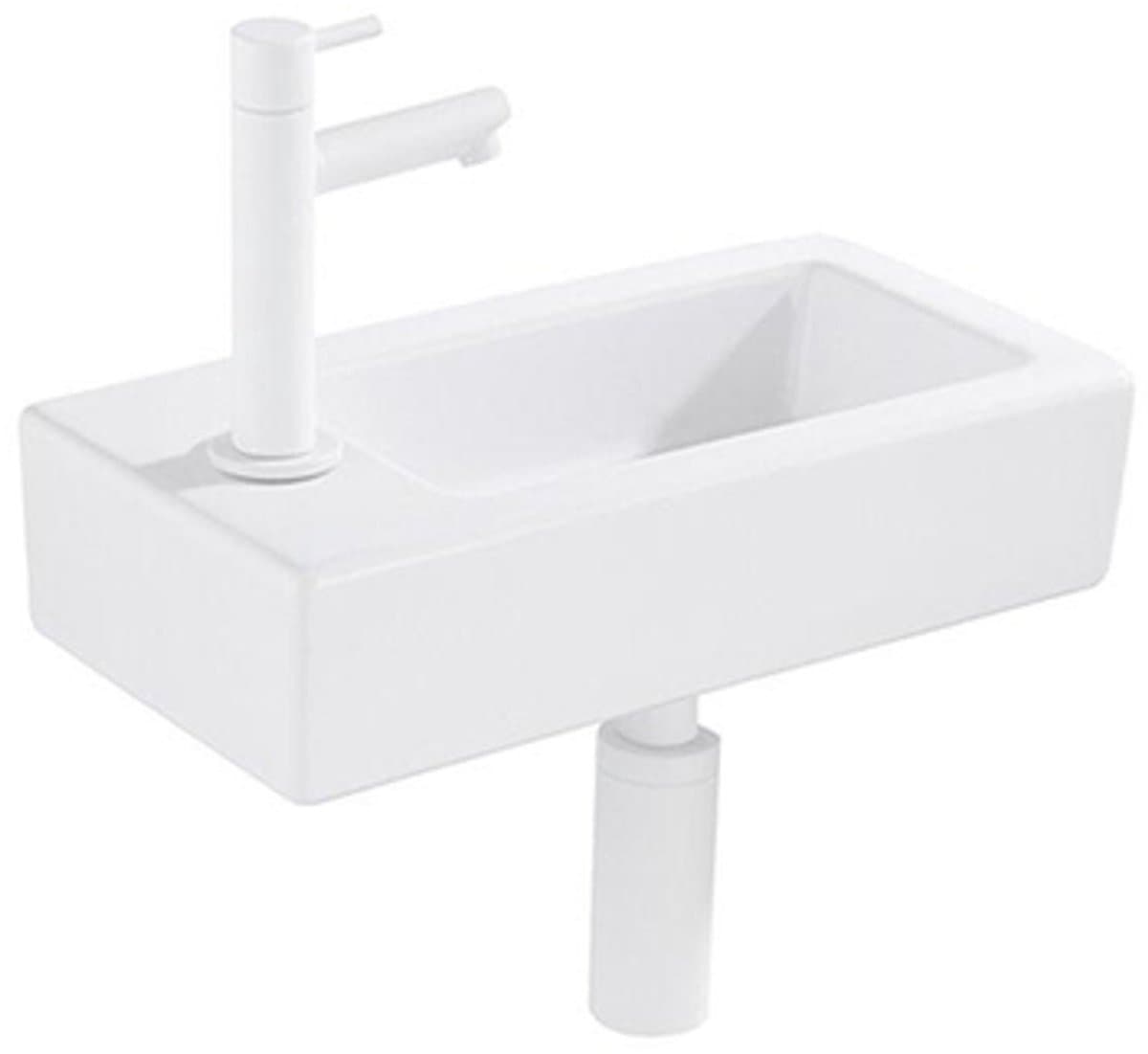 QeramiQ Fuente Fonteinset - 37.5x18.5x9cm - keramiek - kraangat links - fonteinkraan wit mat - afvoerplug - verlaagd sifon - Glans wit