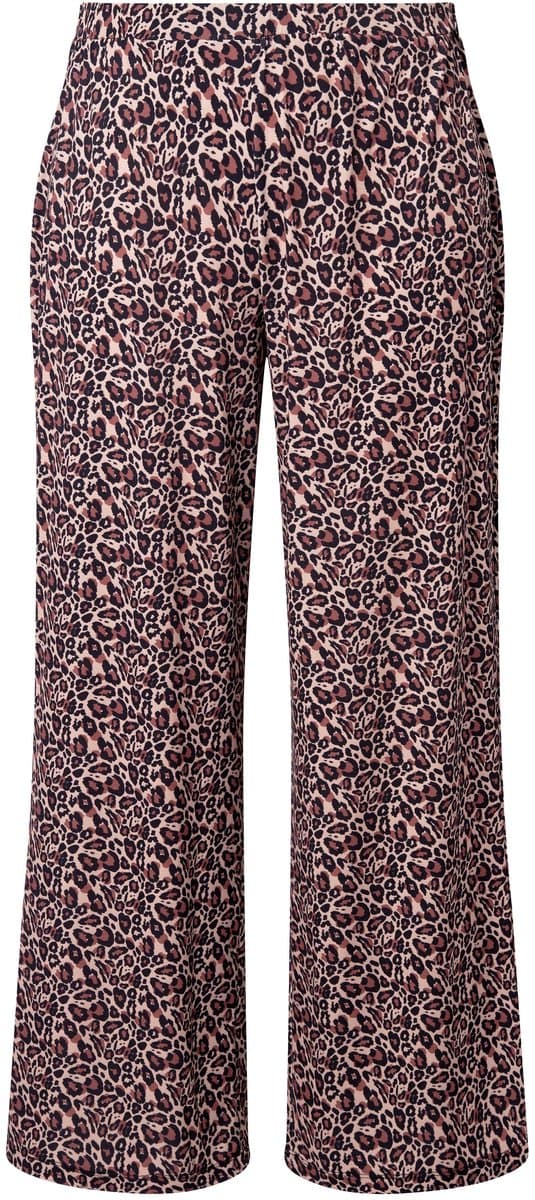 Ulla Popken - Dames - Jersey broek met print wijde pijpen elastische tailleband - Zwart - Maat 42+