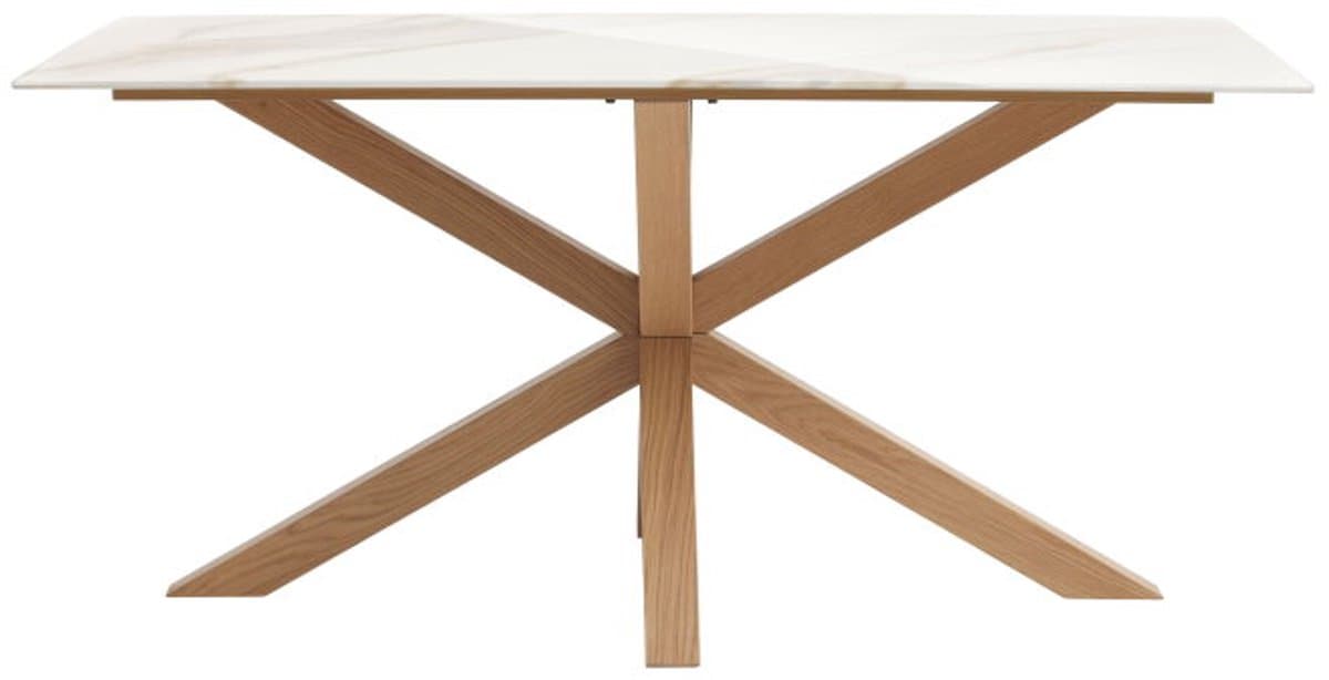 Eettafel Ravello rechthoekig keramiek 160x90x75 CM - Glossy wit - eiken spinpoot