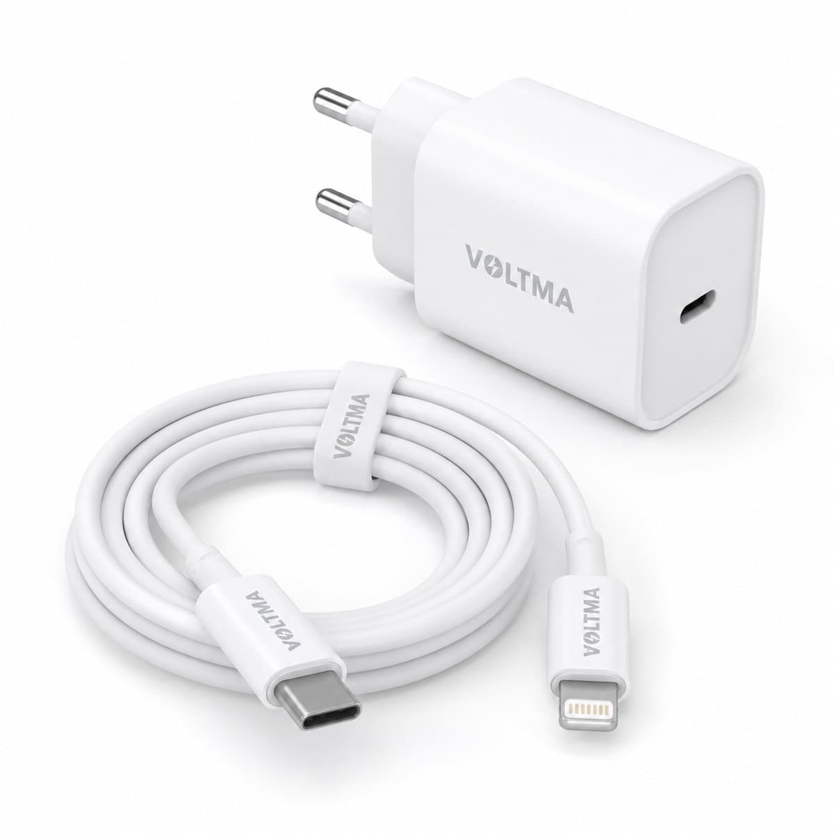 VOLTMA 25S30CL 25W USB-C Snellader met USB-C naar Lightning Kabel 30W – GaN Oplader voor iPhone en iPad met Lightning – Wit