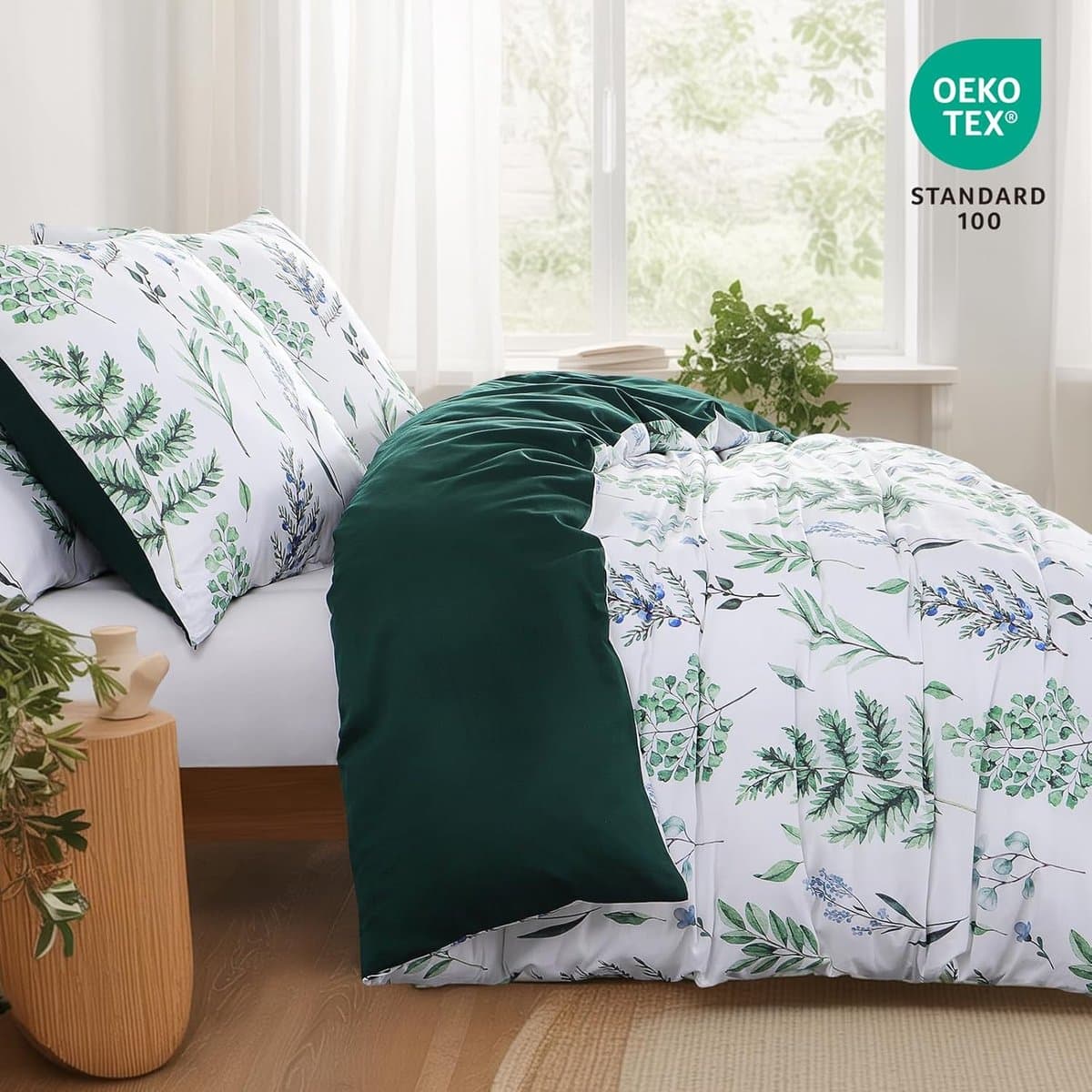 Dekbedovertrek 200 x 220 cm - Katoen - Donkergroen Plantenpatroon - Comfortabele en ademende bedlinnen