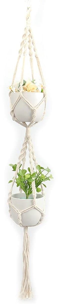 Dailygoods- Plantenhouder - Geweven Katoenen Touw - Wandmontage/Hangend - Dubbellaags - Voor Ronde/Vierkante Potten - Lengte 140 cm - Hangmand