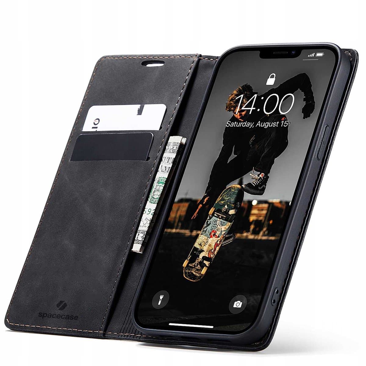 Spacecase Wallet Case Voor Iphone 13 Pro Zwart Lederen Hoes