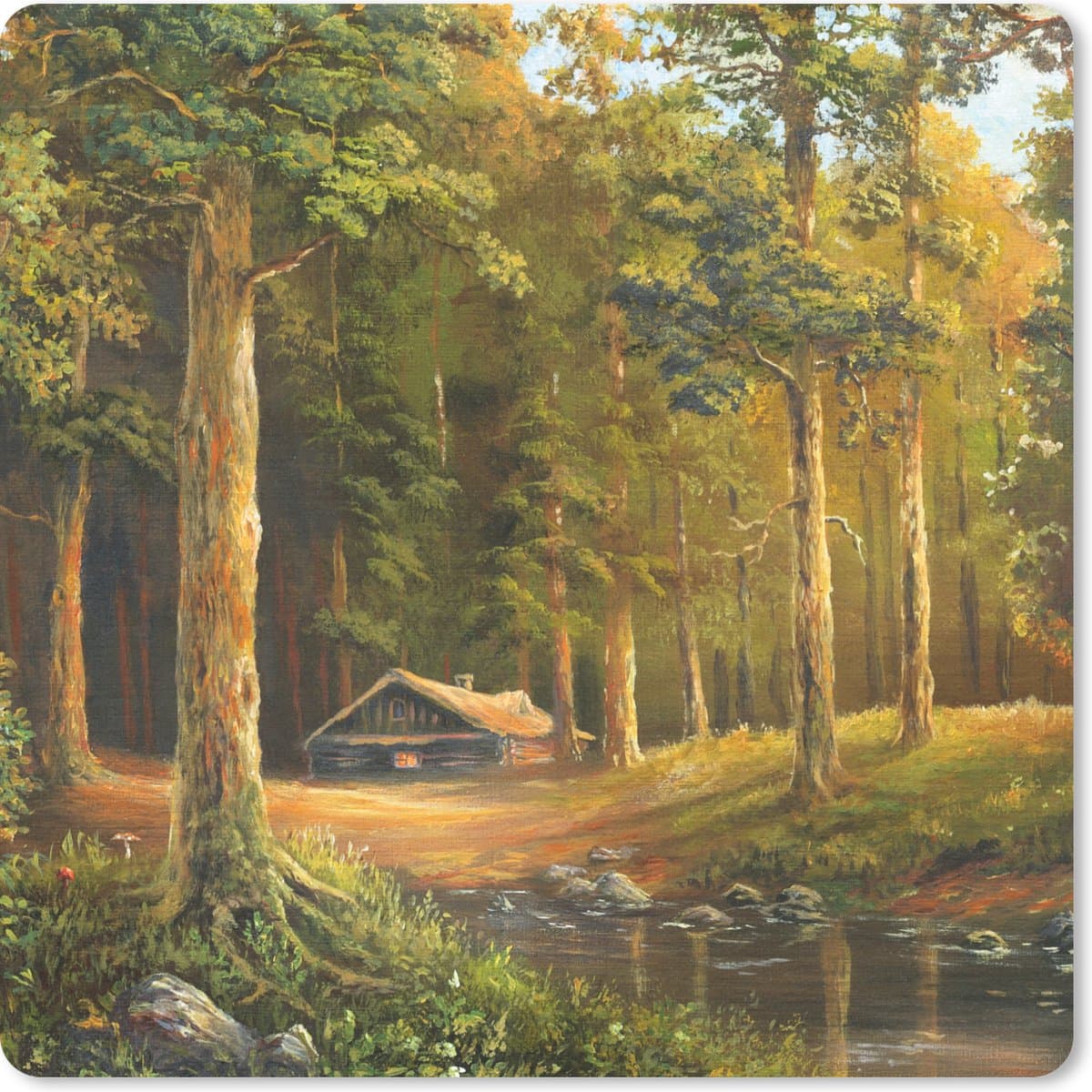 Muismat 30x30 cm - Mousepad Een illustratie van een huisje in een bos - Muismatten