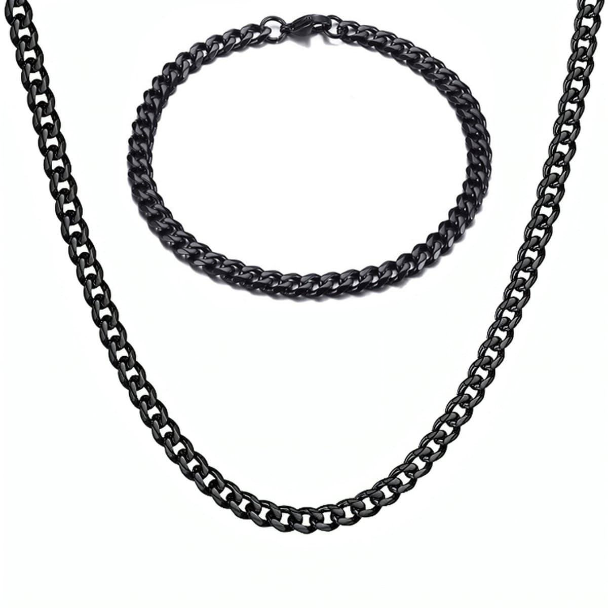 Ketting + Armband Set - Cuban Link Dikke Schakel - Zwart - 7mm - Kettingen Armbanden Sieraden Set Heren - Papa Cadeau Voor Mannen - Vaderdag