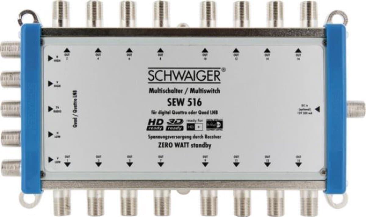 Schwaiger SEW516 531 Satelliet multiswitch Ingangen (satelliet): 5 (4 satelliet / 1 terrestrisch) Aantal gebruikers: 16
