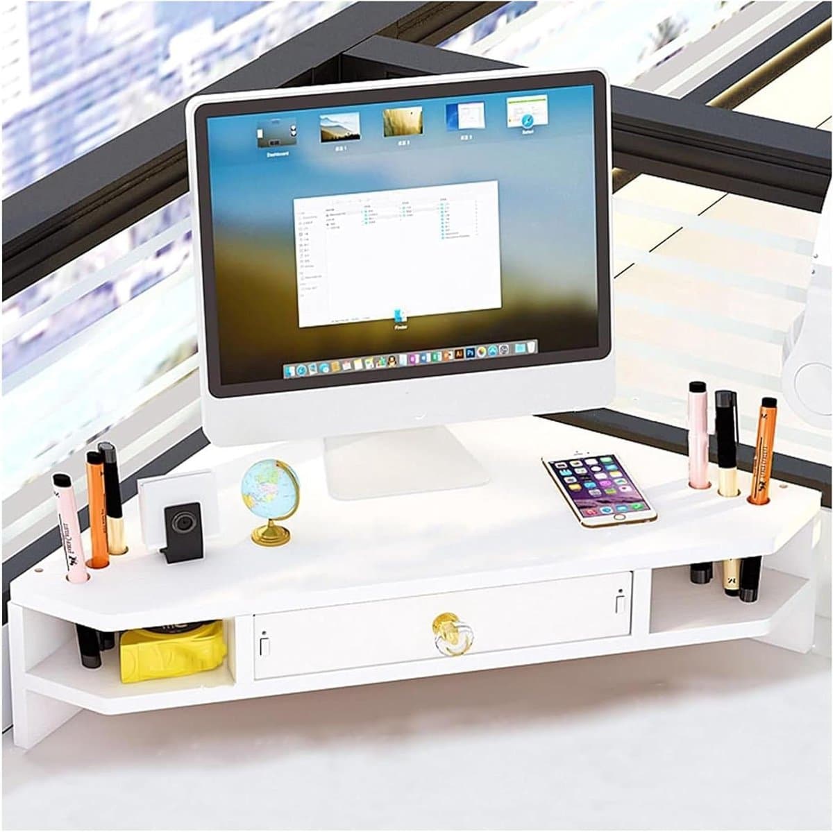 Monitor Verhoger - Bureau Organizer - Bureau Opruimen - Hoek Ontwerp - 556 cm Lengte - Naturel Wit