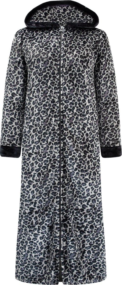 Extra Lange Dames Rits Badjas met Capuchon en Zijzakken - Ochtendjas - Superzacht Coral Fleece - Panterprint Zwart - Maat L/XL - 8205-Black