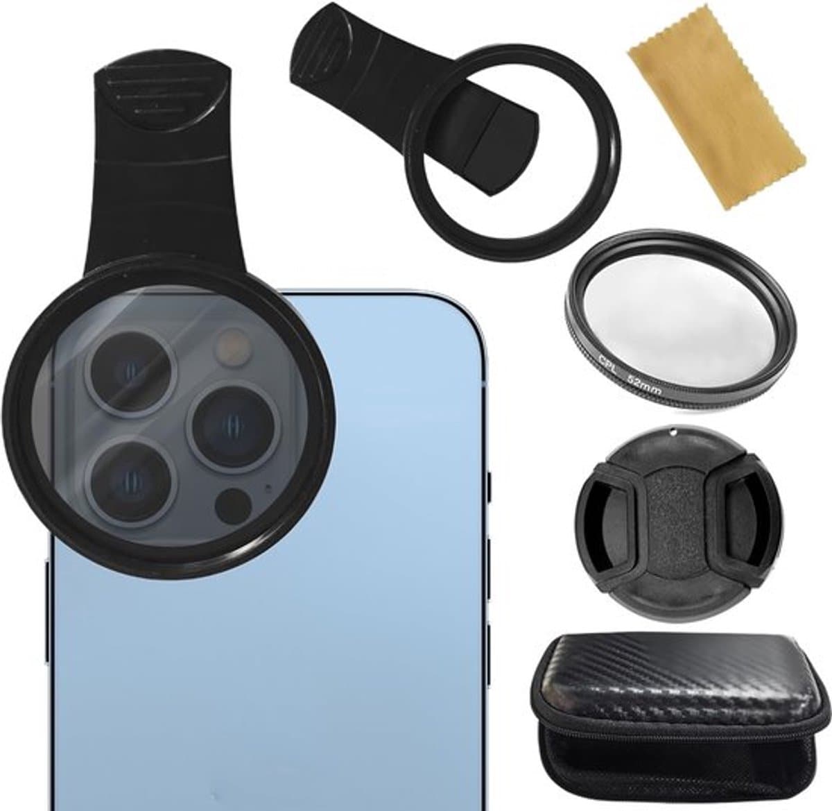 52mm Universele CPL Filter - Polair Filter - Telefoon Bevestigbare Filter - Universele Mobiele Telefoon Filter - Lens Clip Kit en Ritszak