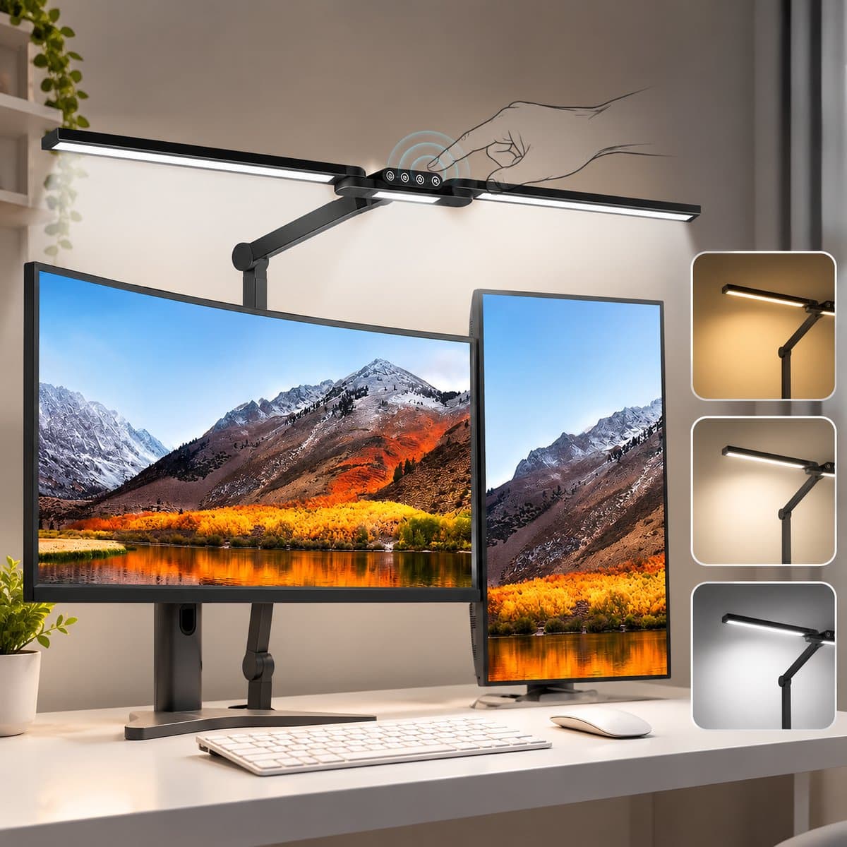 Lapamax Bureaulamp LED 3-Lichts met Klem 95 cm-Werklamp Dimbaar met 180° Verstelbare Lampkop&360° Draaibare Basis - Monitor Lamp met 3 Verstelbare Lichtbalken- Hobbylampmet Automatische Lichtsensor-Architectenlamp- Klemlamp voor Kantoor, Tekentafel