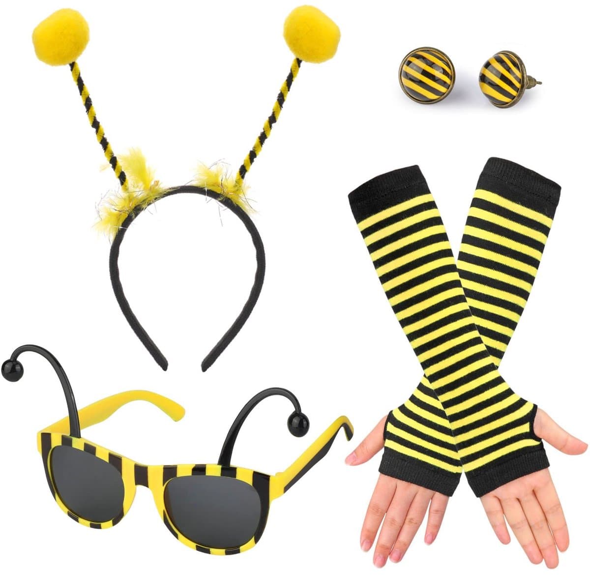 Dailygoods- Bijenkostuum Dames - 4-delige Set - Bijen Haarband - Tentakel Zonnebril - Vingerloze Handschoenen - Oorbellen - Grappig Ontwerp - Bijenoutfit