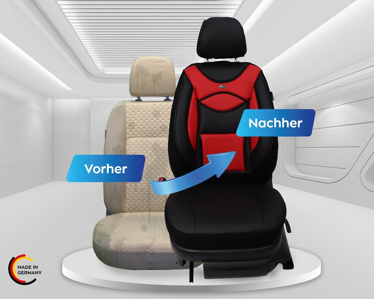 Autostoelhoezen voor Seat Ibiza Bj 2008-17 – Stoelhoezen voor bestuurder en passagier in Zwart/Rood