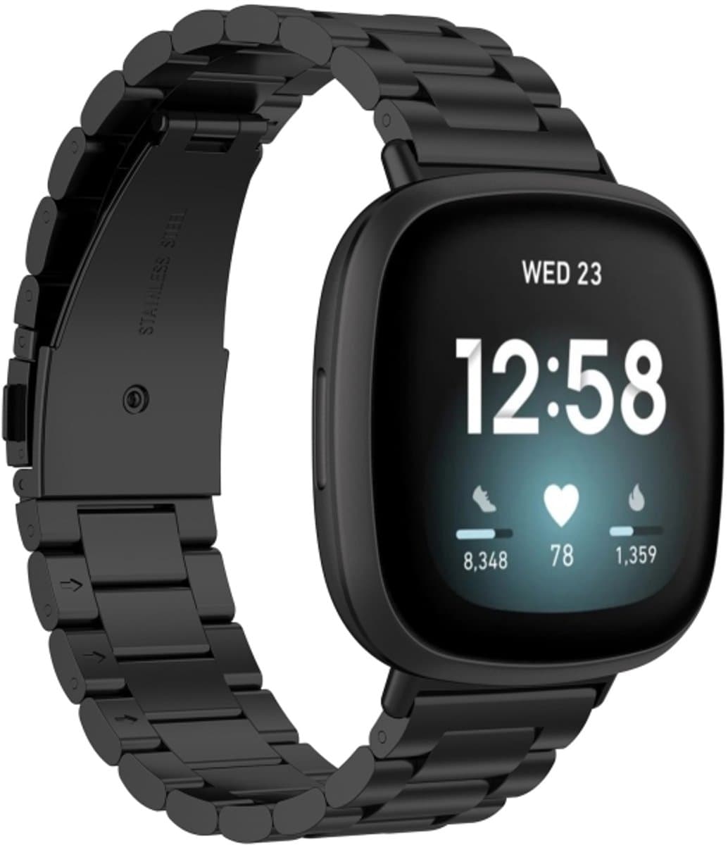 Voor Fitbit Versa 4 3 kralen roestvrijstalen horlogeband (zwart)